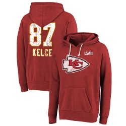 Travis Kelce Kansas City Chiefs Majestic Threads Super Bowl LVIII Spielername und Nummer Tri-Blend Pullover Hoodie – Rot