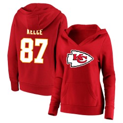 Travis Kelce Kansas City Chiefs Fanatics Damen-Pullover-Hoodie mit V-Ausschnitt und Spielernamen und -nummer in Übergröße – Rot