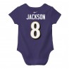 Lamar Jackson Baltimore Ravens Nike Neugeborenen- und Kleinkind-Body mit Namen und Nummer des Spielers – Lila